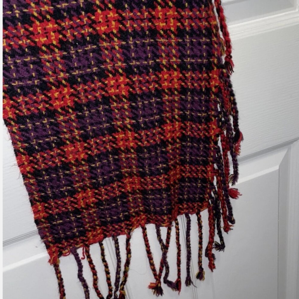 Women’s Wool Scarf Double Fringed Red Plaid Hand Woven Vintage Charming